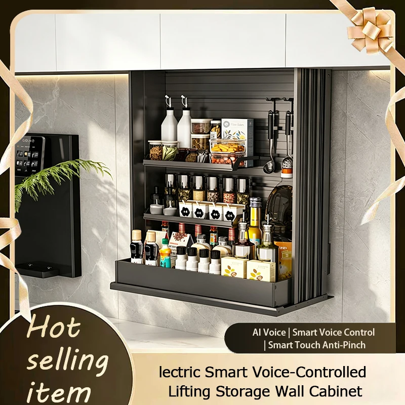 Electric Smart Kitchen Wall Cabinet Pull Down Basket Touch Voice Control Vertical Spice Rack Organizer Adjustable Lifting 296