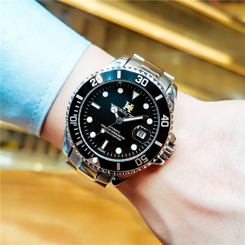 

AOKULASIC Automatic Mechanical Watch Men Full Luminous Skeleton Solid Stainless Steel Band Waterproof Mens Watch