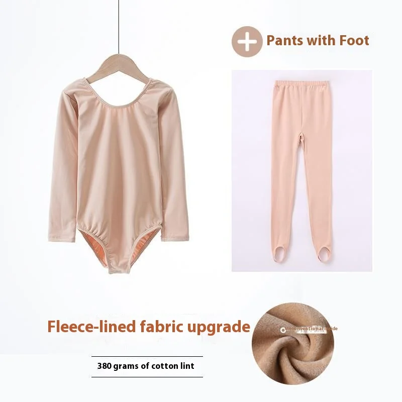 Teenage Kids Dance Set Fleece Warm Skin-Tone Ballet Bodysuit Invisible Tights Performances Wear Girls Clothing Set 4-12 Years