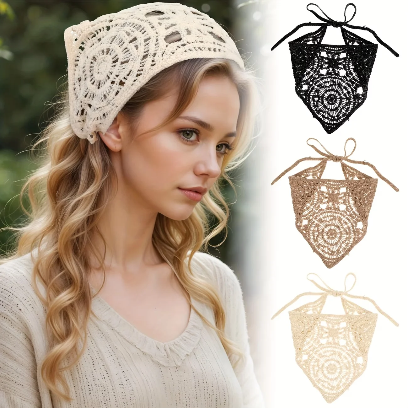 

Вязаная треугольная повязка на голову в стиле ретро для женщин, шарф-косынка в пасторальном стиле, цветочный платок для волос, вязаный крючком головной убор, бандана