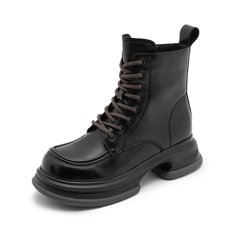 New Women Autumn Genuine Leather Ankle Boots British Style Winter Warm Fur Snow Shoes Outdoor Lace Up Short Motorcycle Boots 5CM