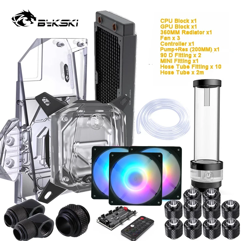 

Bykski Computer Split Soft Hose Water Cooling Kit,CPU+GPU Block+Pump Reservoir Res+Radiator+Fitting+Tube+Fans+Controller 12V 5V