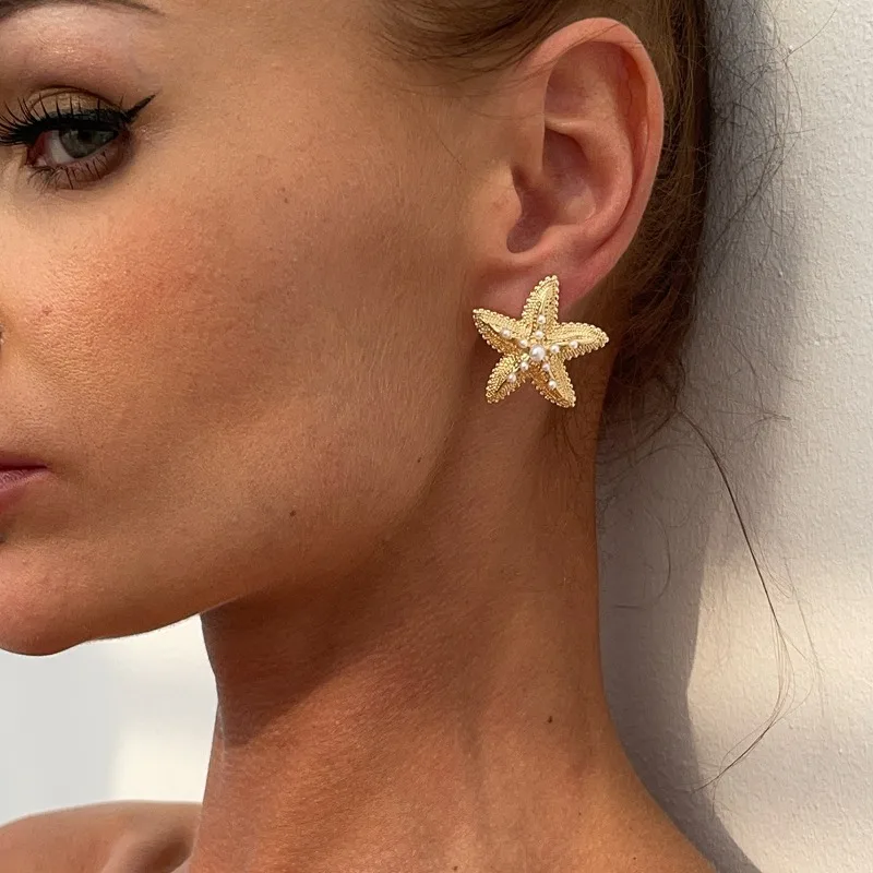 

Punk Metal Starfish Stud Earrings for Women Fashion Gold Color Star Geometric Temperament Earrings Summer Jewelry Gift