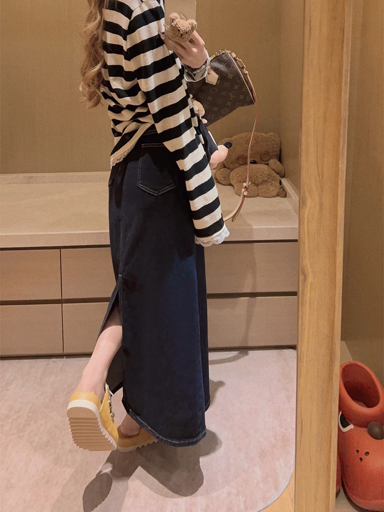 

Yukiss Retro Mid-Length Denim Skirt Women's Autumn Korean Sle Illusory Long Legs Loose Straight A-Line Skirt