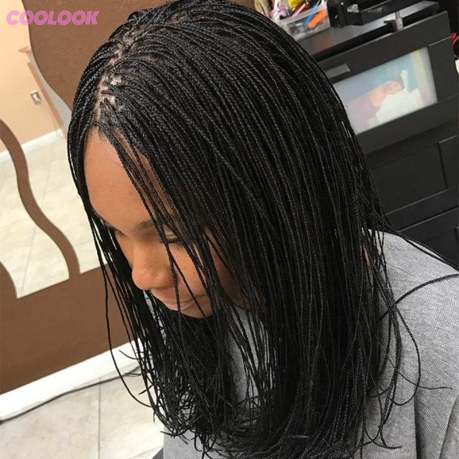 Peruca curta trançada bob, caixa sem nós, sintética, trançada, renda frontal, 12 '', reta, minúscula, fina, cornrow, para mulheres negras