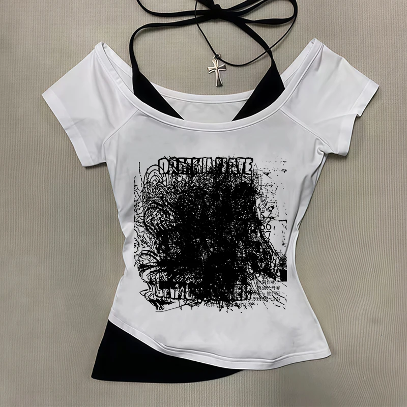 

2025 summer new Y2k Slim Fit Print Tops Women Off Shoulder Short Sleeve Tee Shirt Vintage Fake Two Piece Halter Lace Up T-shirts