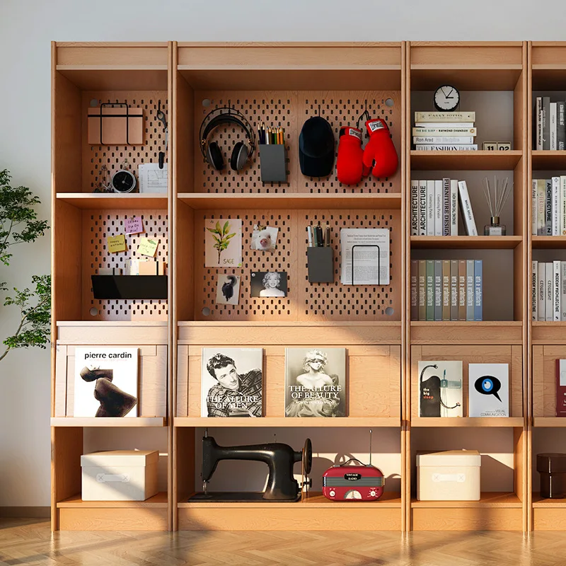 Nordic solid wood bookshelf, home living room perforated panel multifunctional full wall display