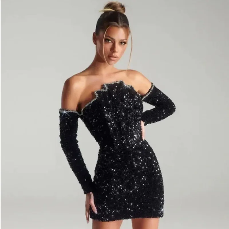 2024 New Women's Black Sexy Long Sleeve Sequin Dress Off Shoulder Diamond Tight Mini Dress Eelgant Party Evening Dress