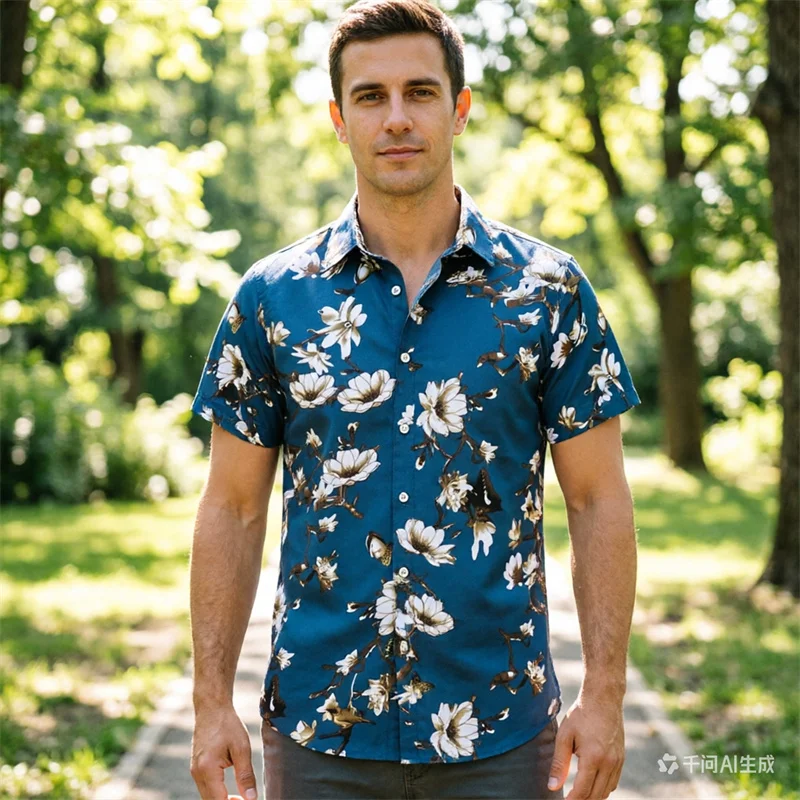 

New Summer Blue Background White Flower Men's Short Sleeved Printed Shirt, European Size Square Neck Casual Breathable Shirt