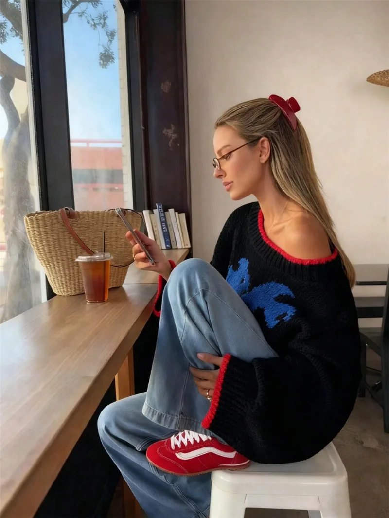 Commuting Pulls Femmes Woman Clothing All-match Loose Simple Style Sweater Comfortable Contrast Jacquard Vintage Casual Office