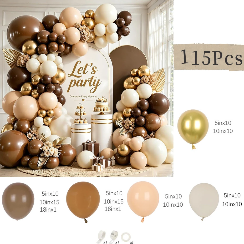 115Pcs Brown Beige Sand White Balloons Garland Arch Kit Metallic Gold Balloons for Wedding Baby Shower Birthday Party Decoration