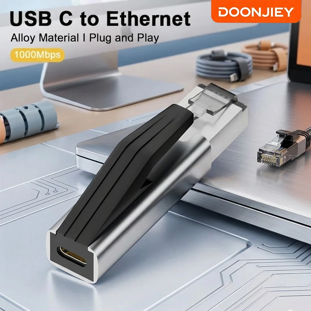 DOONJIEY USB C to Ethernet Adapter, 1Gbps Gigabit High-Speed RJ45 to Type C LAN Network Adapter for Laptop, PC, Smartphone