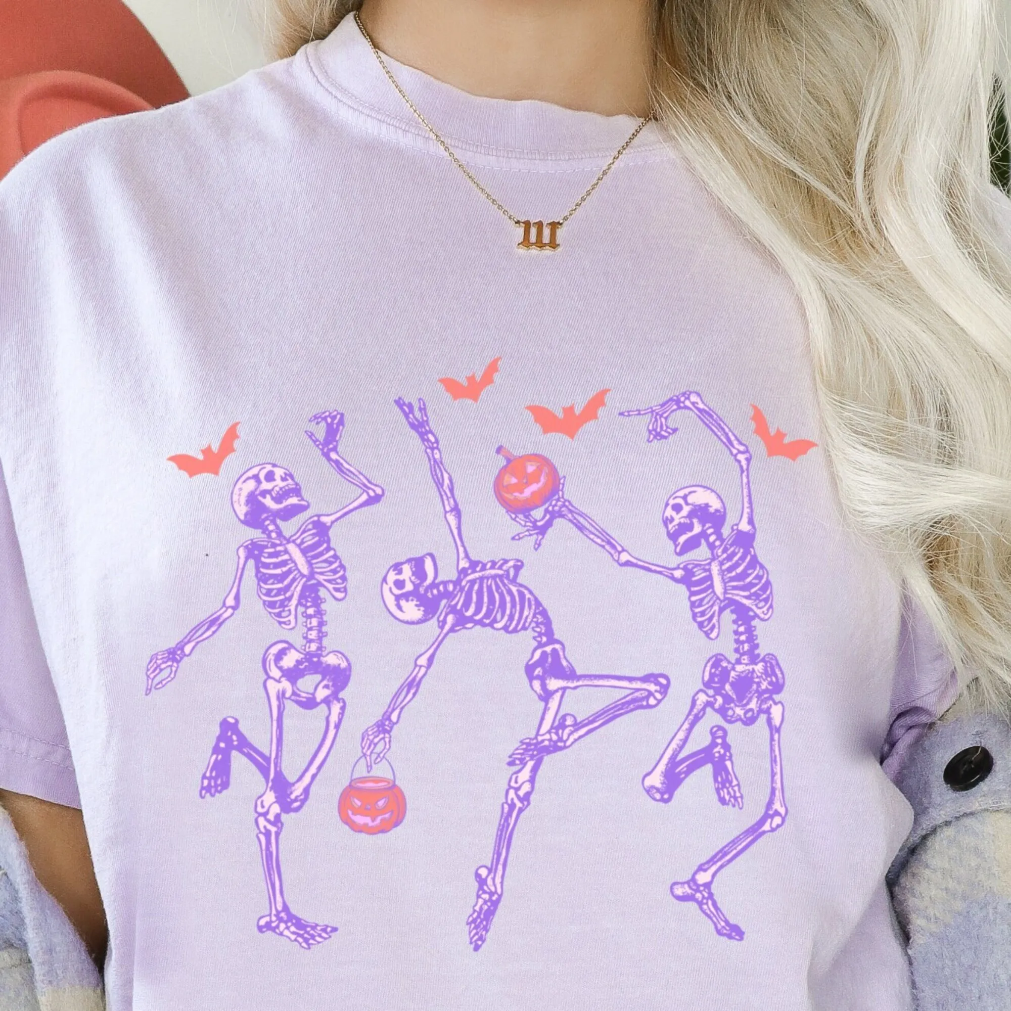 Purple Skeleton Halloween T Shirt Grunge Pumpkin Patch Oversized Kawaii Vintage Tee