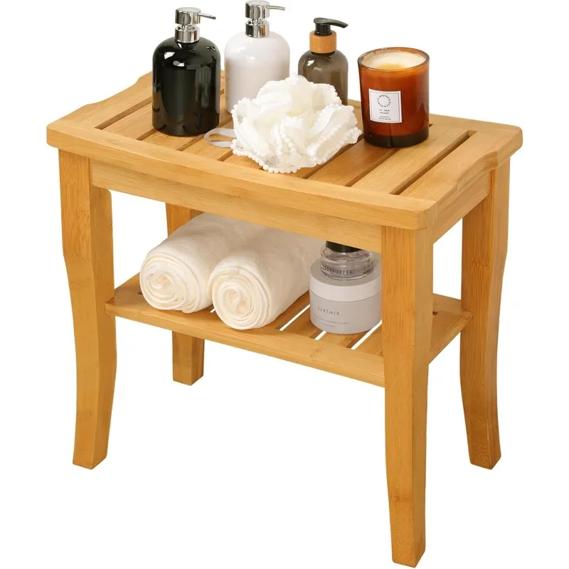 Bamboo Shower Bench - Bathroom Bench Seat with Storage Shelf,19 Inch 2-Tier Wooden Spa Seat Bath Stool