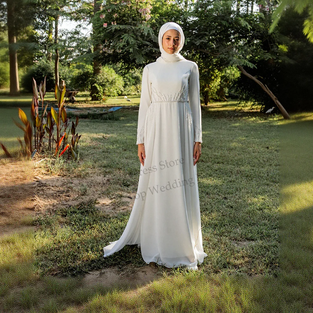 Beaded Chiffon Muslim Wedding Dress Long Sleeve Matching Hijab Modest Bride Dress Customized White Civil Bride Bridal Gown