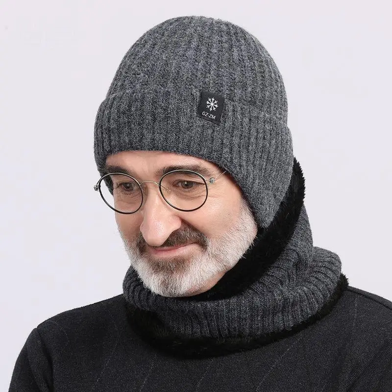 Chapéu de inverno masculino e cachecol conjunto para homem masculino anel cachecóis boné com borda de malha viseira gorros balaclava adulto quente 2 peças conjunto