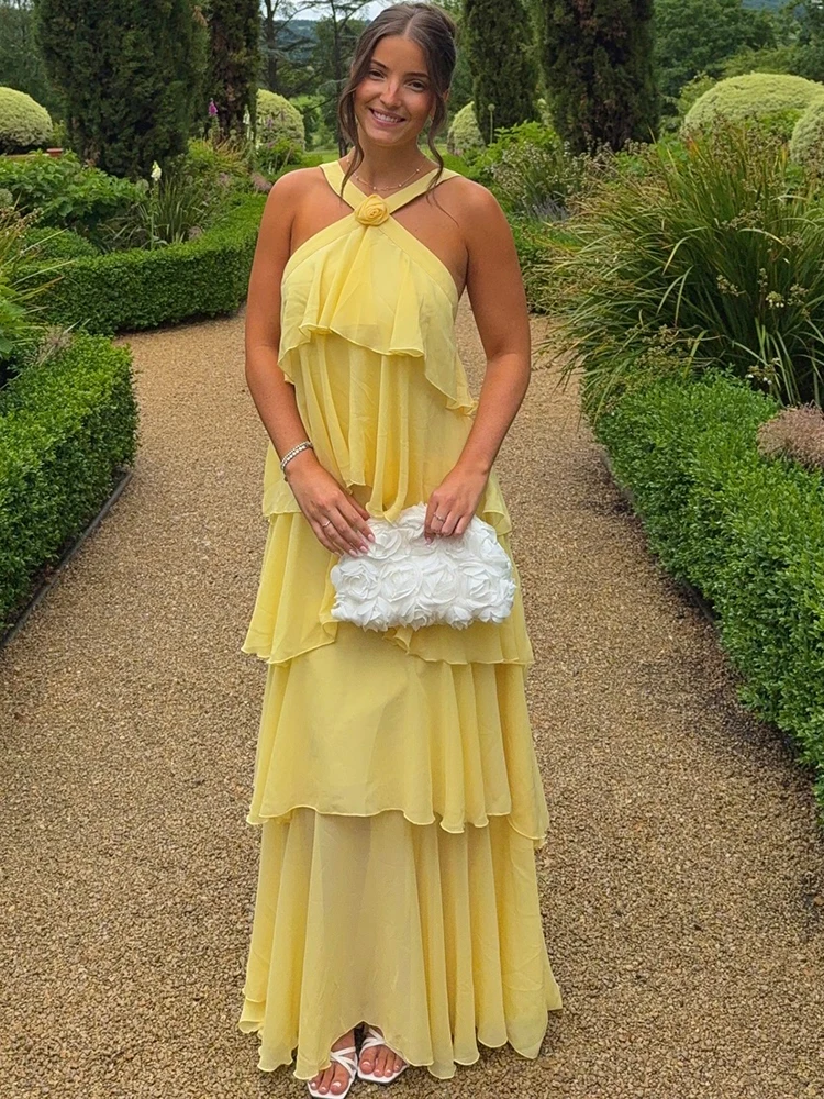 

Elegant Yellow Tiered Long Dress – Sleeveless Chiffon Halter Neck Ruffled Gown For Summer Events & Outdoor Weddings
