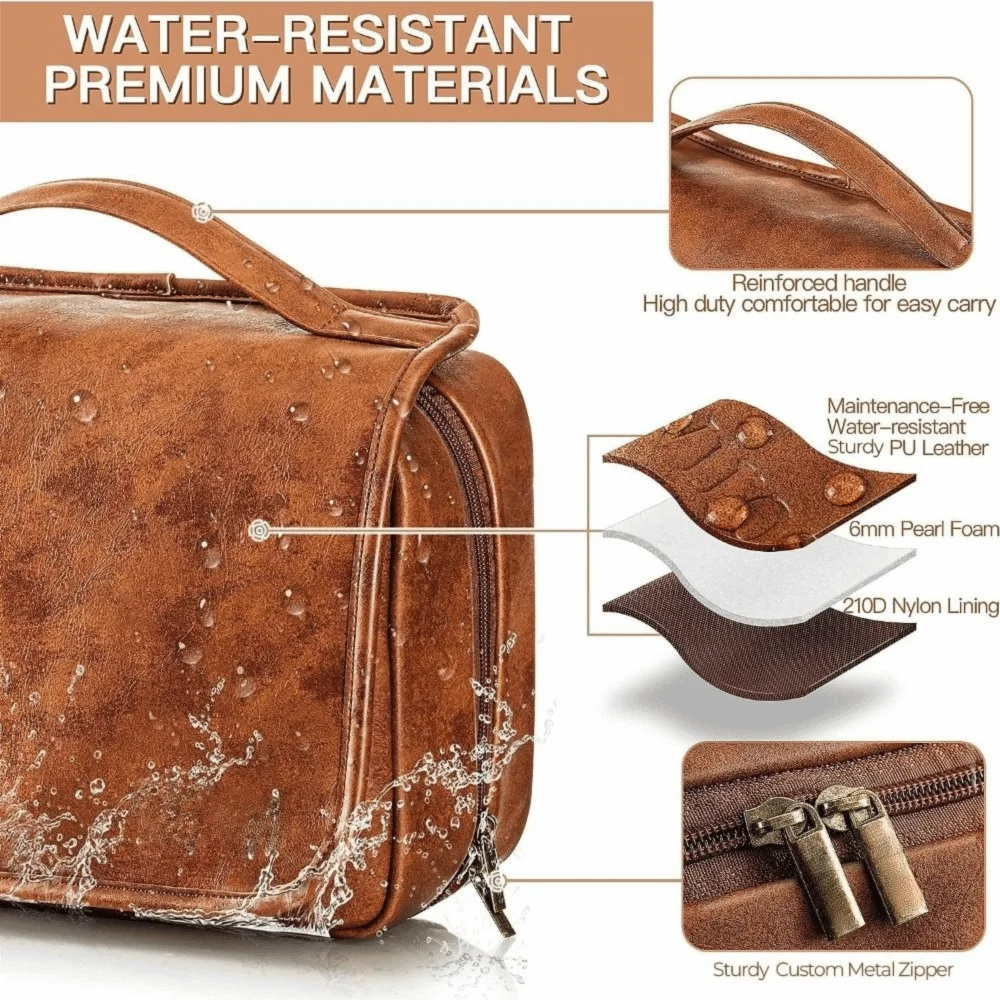 

Separate Compartments Multi-Pocket Makeup Bag Large Size PU Leather 3-in-1 Dopp Kit Waterproof Design Shaving Bag Business Trip