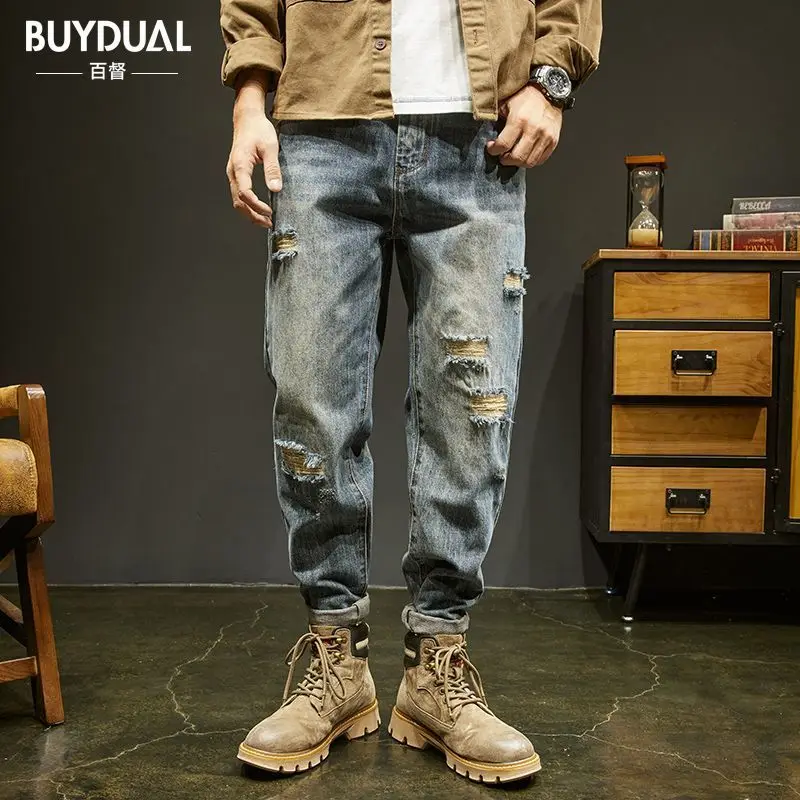 Male Clothes Men's Loose Spring Ripped Patch Jeans Men's Tapered Retro High Street Large Size Straight High-end Harlan Pants