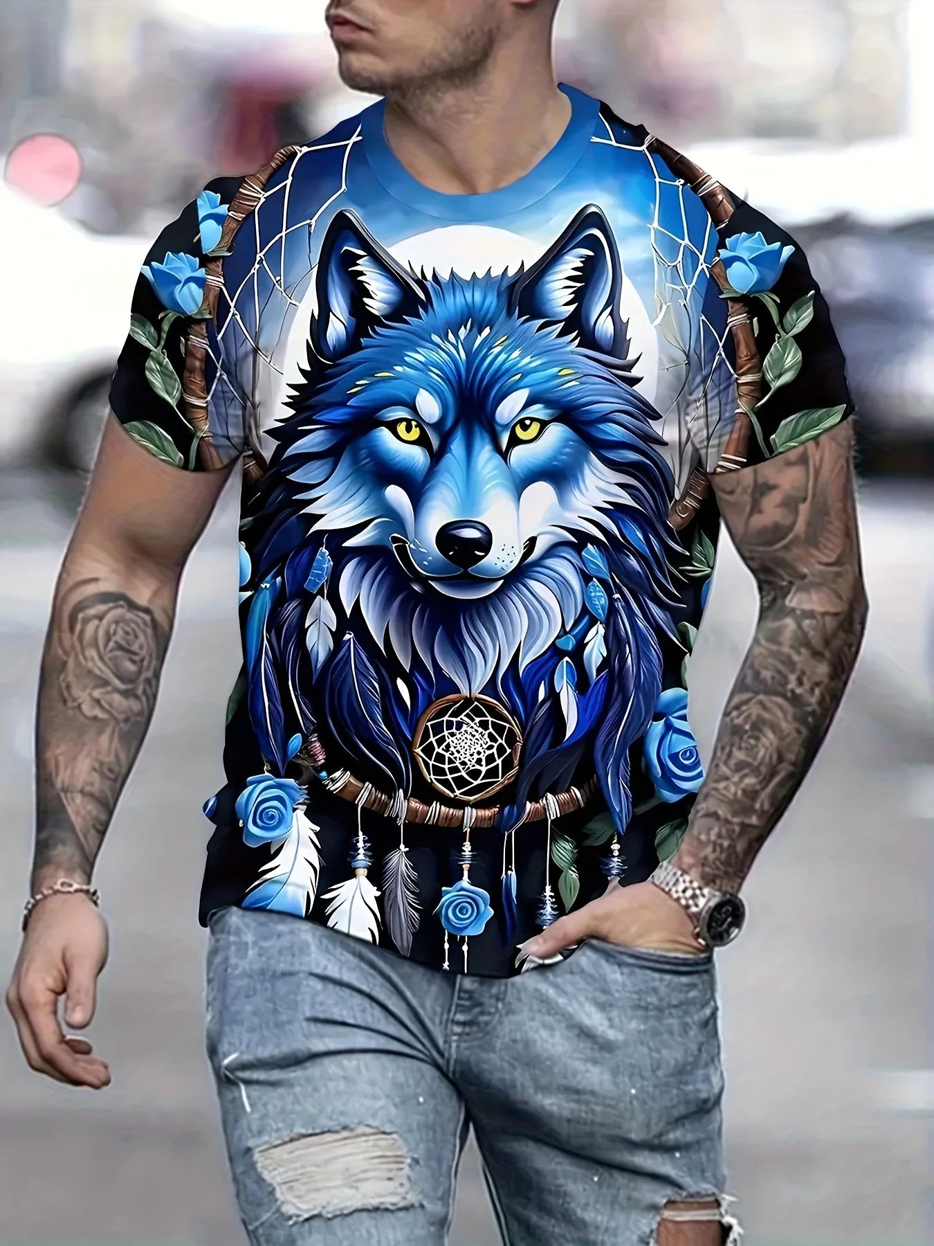 

Men's Wolf pattern T-shirtPolyester Material Fun Printing Short-sleeved T-shirt