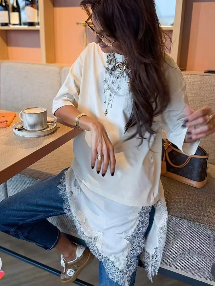    Vrouwen Chic Kant Patchwork T-shirts Effen Kleur Asymmetrische Zoom Casual Korte Mouw Tops 2026 Nieuwe Losse Vrouwelijke Outfit