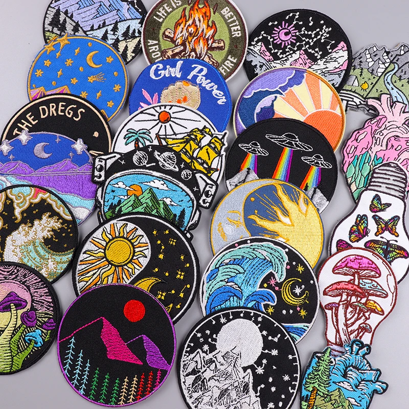 Round Outdoor Applique Embroidered Patches For Clothing Stickers Mountains Patch Iron On Patches On Clothes Badges For Clothes