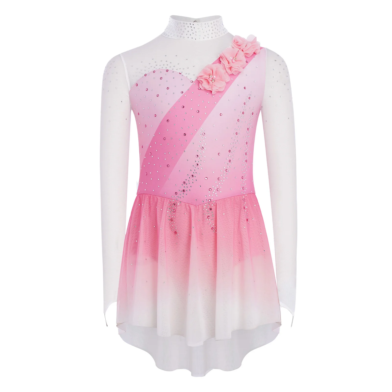 Children Girls Shiny Rhinestone Applique Sheer Mesh Figure Ice Skating Dress Gymnastics Acrobatics Ballet Dance Leotard Dresses