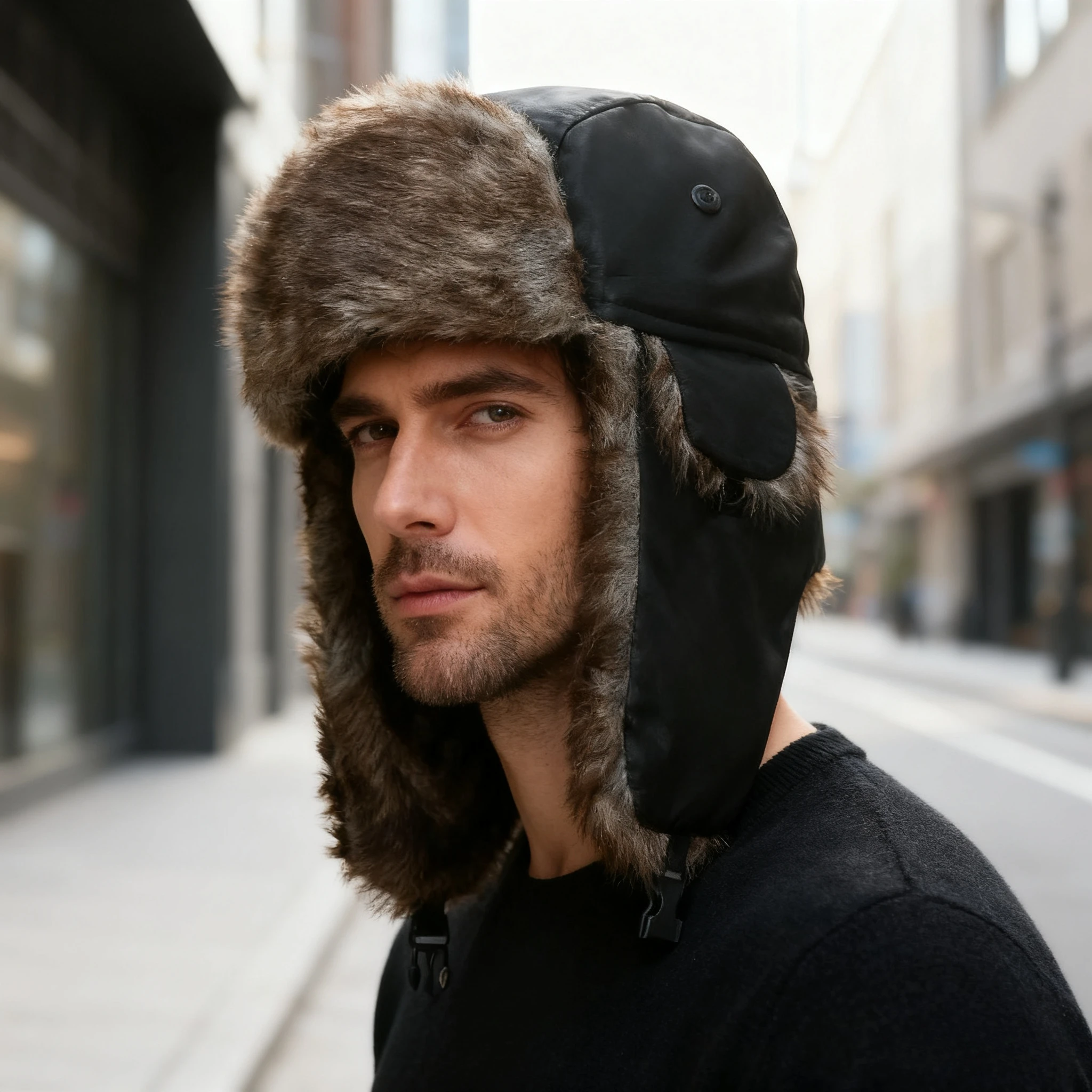Men's Warm Soldier Hat Winter Pilot Patrolman Earmuffs Polyester Fiber Warm Russian Ski Hat Windproof Cold Pilot Hats