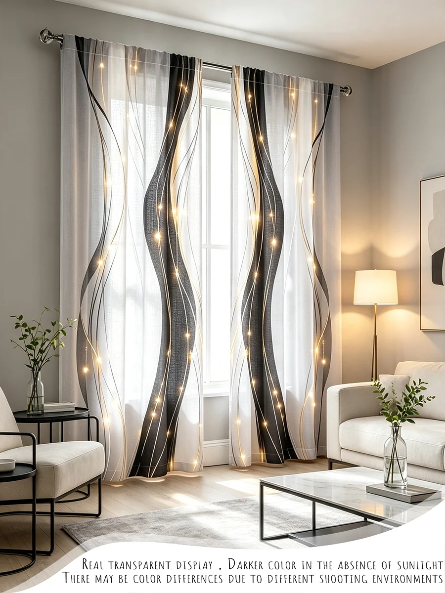 2PCS Digital Printed Curtains, Black Gold Wave Line Glowing Light Pattern, Modern Luxury Abstract Style for Bedroom Living Room