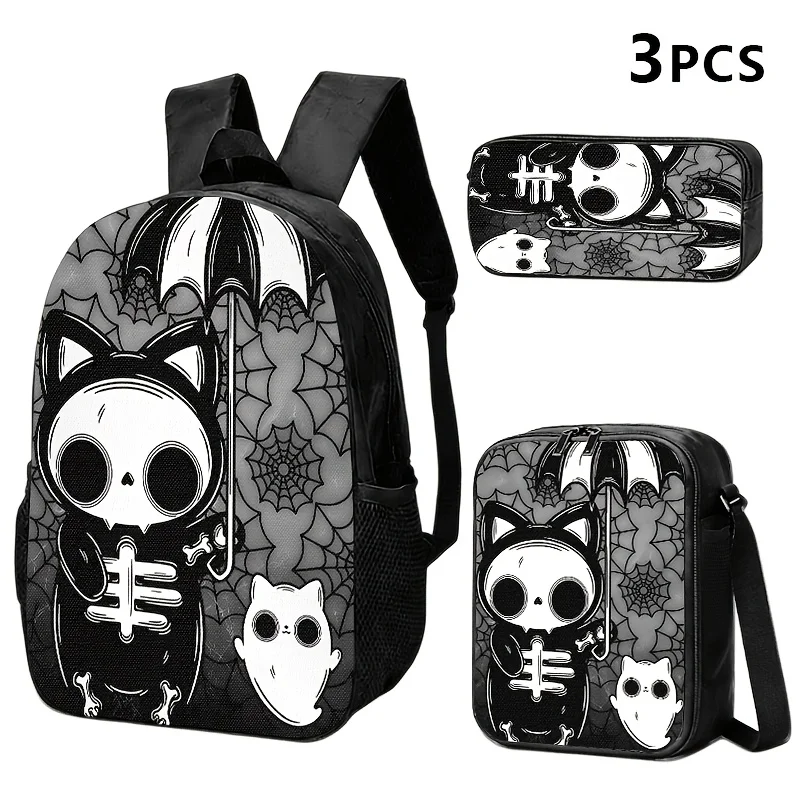 Skull Cat Gothic Backpack Set Bats Spider Web School Bag Shoulder Bag Storage Pouch Halloween Travel Day pack Black White Gray