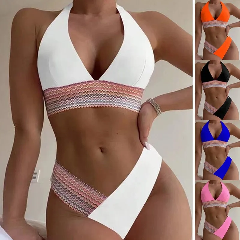 

2025 New European and American Swimsuit Solid Color Sexy Hanging Neck Women's Split Bikini Swimsuit