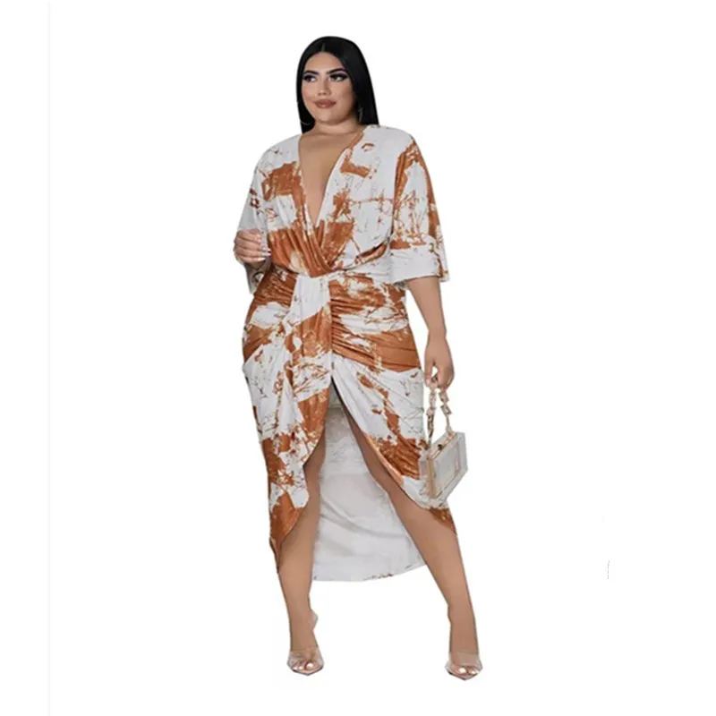 Wmstar Plus Size Jurken Voor Vrouwen 4xl 5xl Tie Dye V-hals Gedrapeerde Slip Zoom Sexy Maxi Jurk Kantoor Dame groothandel Dropshipping