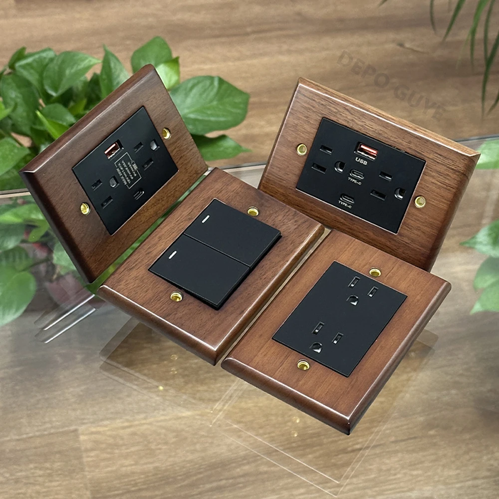 118 Type American Solid Wood Retro Wall Switch Socket Mexico Thai Wall Dual USb Type C Power Outlet Vintage Light Switch Panel image 6