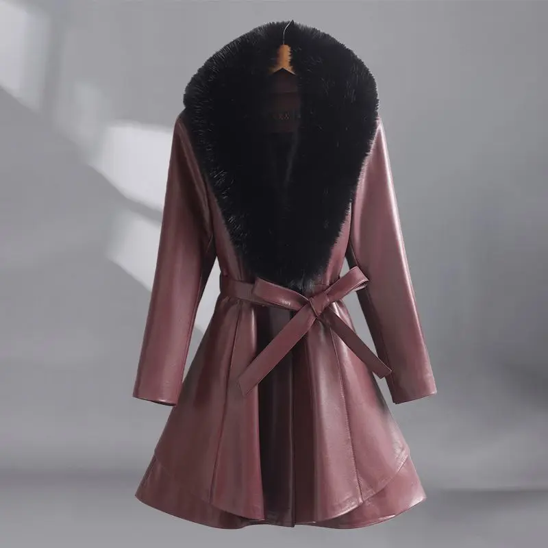 Women‘s Slimming Mid-Length Leather Puffer Coat Korean Style Thickened Parka Fur Collar Fashion With Belted Trench Coat