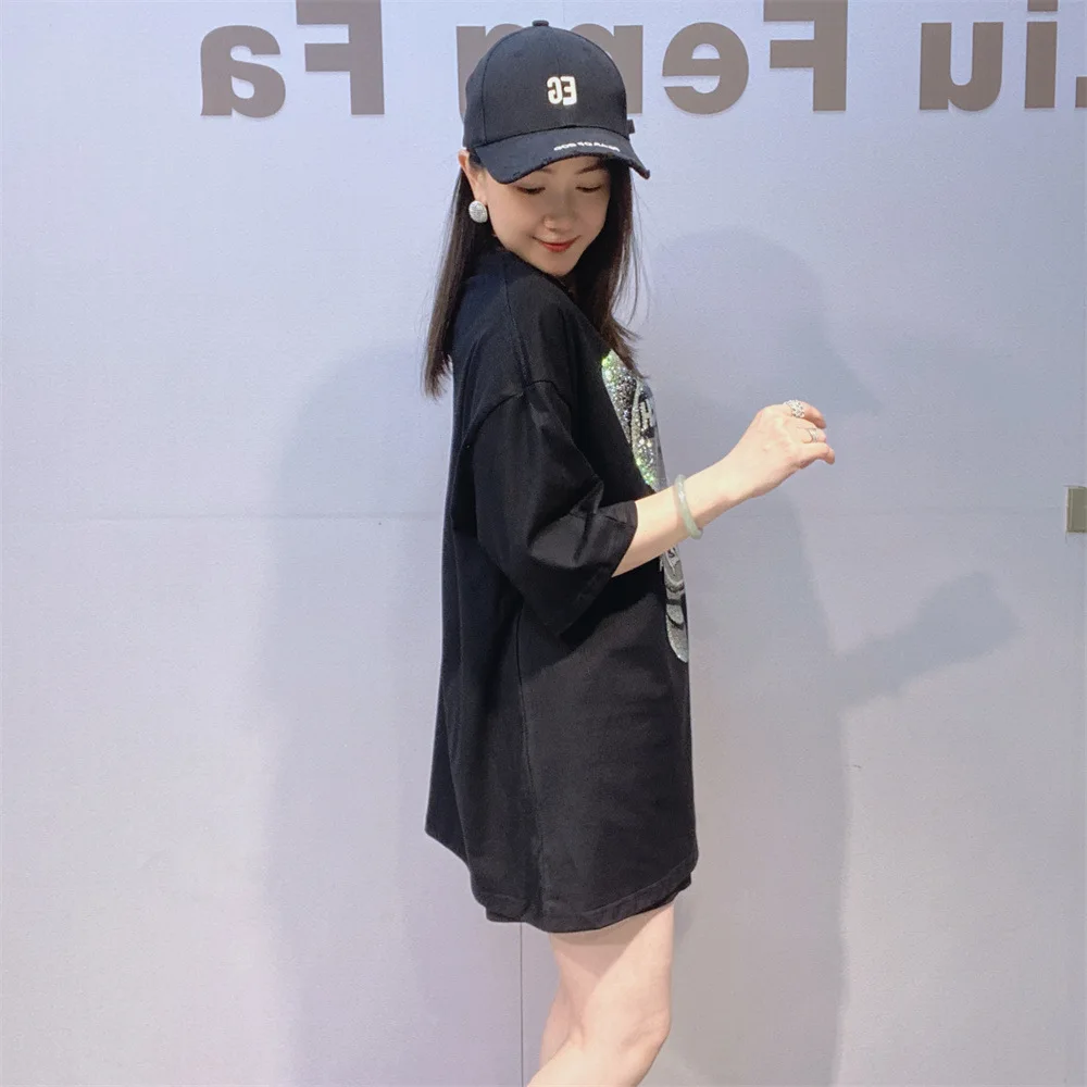 Plus Size Cartoon Bear Pattern Diamonds Short Sleeve T Shirts Women Summer Clothing Thin Casual Knitwear Loose O Neck Tops Tee