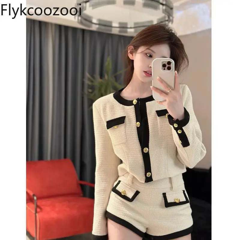 2024 Autumn and Winter New White Tweed Elegant Short Coat Top High-waisted Shorts Two-piece Suit Vintage Sets Womens Outfits