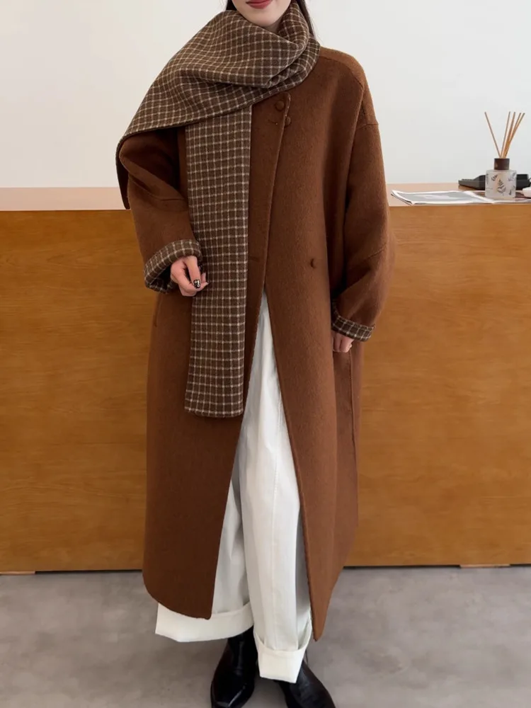 DFDG dubbelzijdige wollen jas voor dames 2025, omkeerbare lange geul met afneembare sjaal, vintage slanke herfst-winterontwerperjas