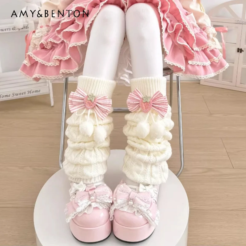 

Japanese Style Cute Fruit Bow Knitted Women's Socks 2025 Autumn Winter New Y2k Thickened Warm Over-the-Knee Foot Warmers Ladies