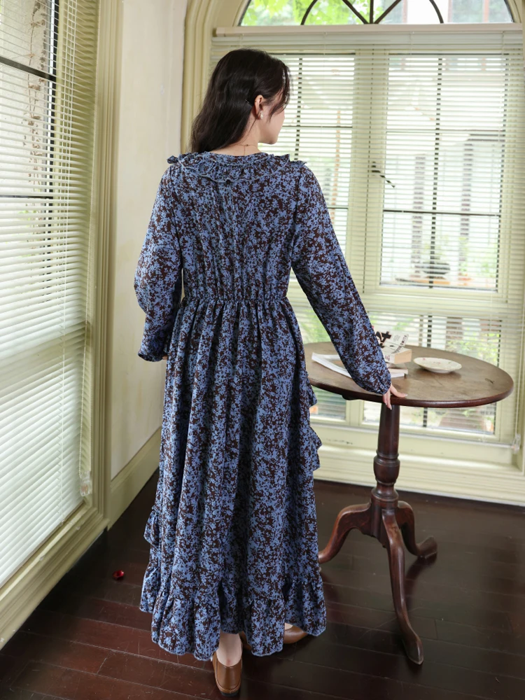 NYFS 2025 الكورية نمط المرأة كم طويل فستان طويل فضفاض حجم كبير الخريف رداء الخامس الرقبة الأزهار Elbise فساتين طويلة #6