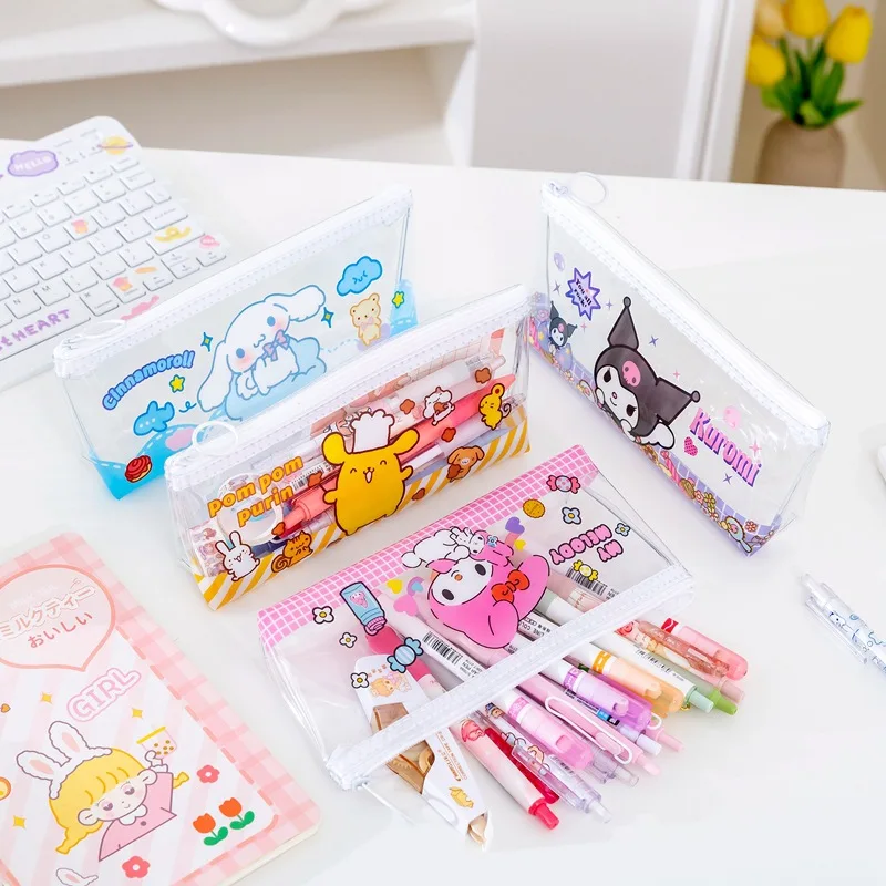 Nowy piórnik Sanrio Kawaii przybory szkolne artykuły papiernicze dla uczniów przezroczysty śliczny Cinnamoroll moja melodia Kuromi torba do