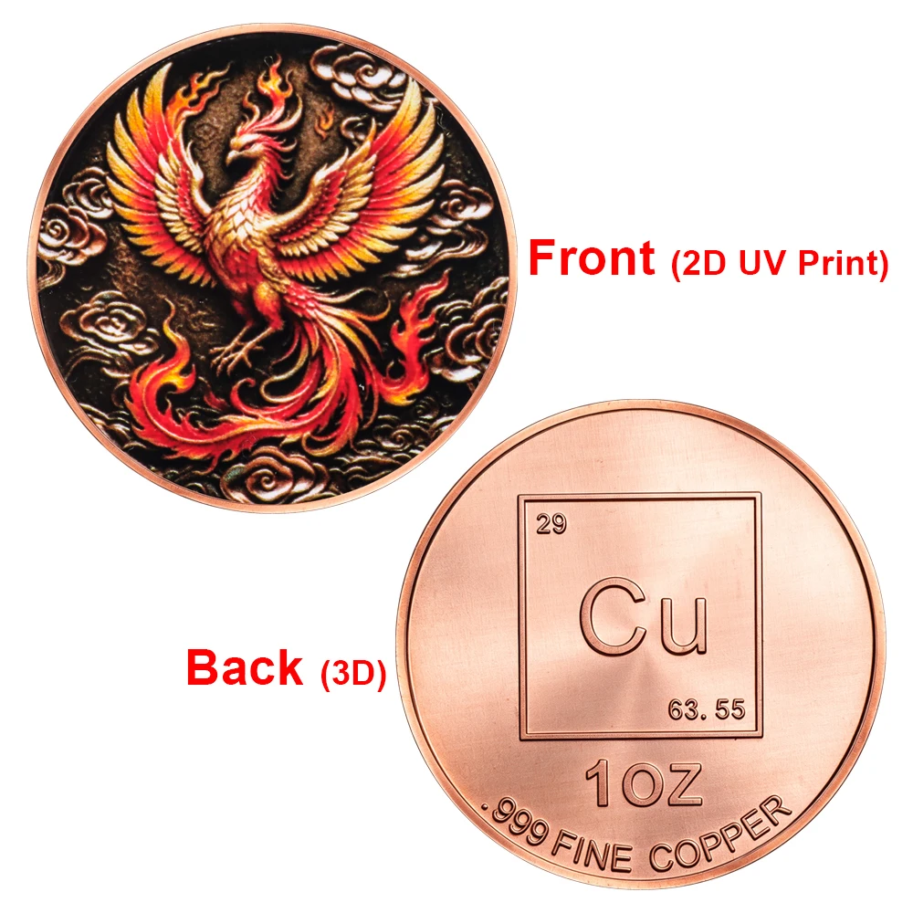 1pc Mythical Fire Phoenix 1 oz .999 Fine Copper Challenge Coin Rebirth Symbol Collectible Art Copper Coin Souvenir Gifts