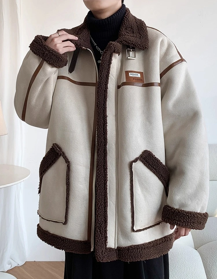 2025 Autumn Winter New American Retro Men's Thickened Fleece Coffee Color White Black Loose Casual Lamb Wool Jacket