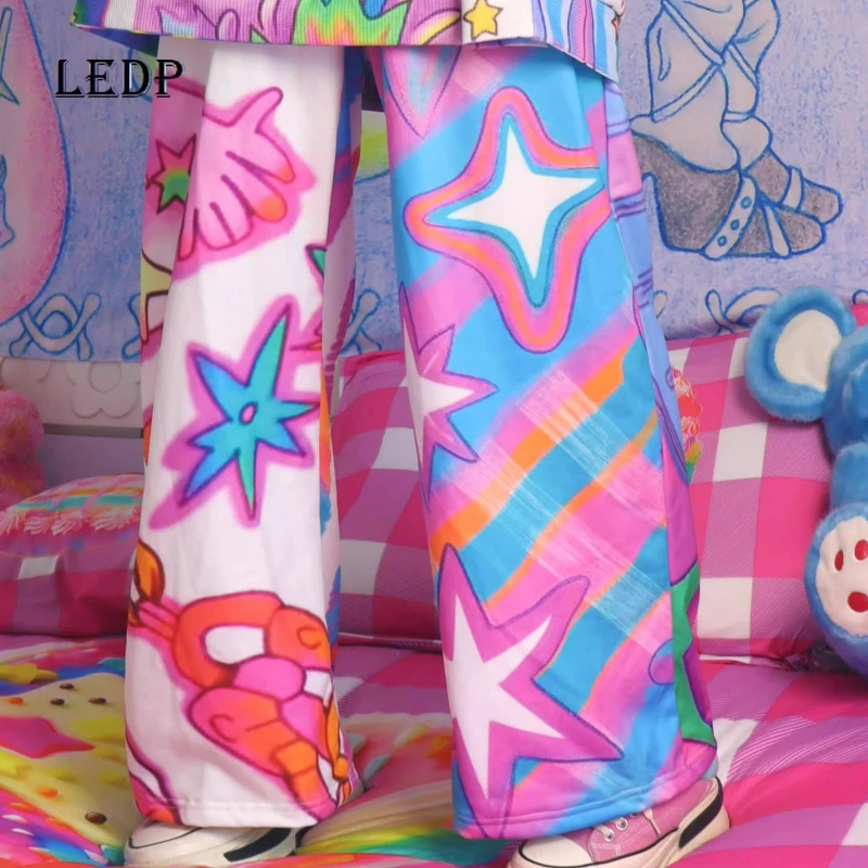 

2025 New Women's Wide-leg Pants Y2K Harajuku Printed Lace Elastic Waist Slacks Girl's Britches Loose Thin Casual Trousers Ladies