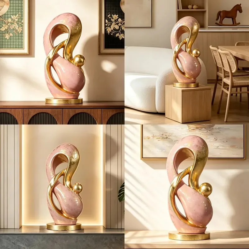 Custom Pink Gold Foil Cartoon Mother and Child Fiberglass Sculpture with Engraved Metal Base Living Room Side Table Wholesale