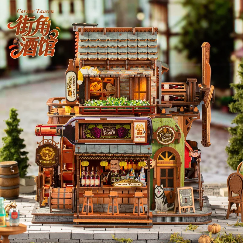 DIY Mechanical Assembly Corner 3D Tavern Model Handcraft Mini House for Collection & Decoration