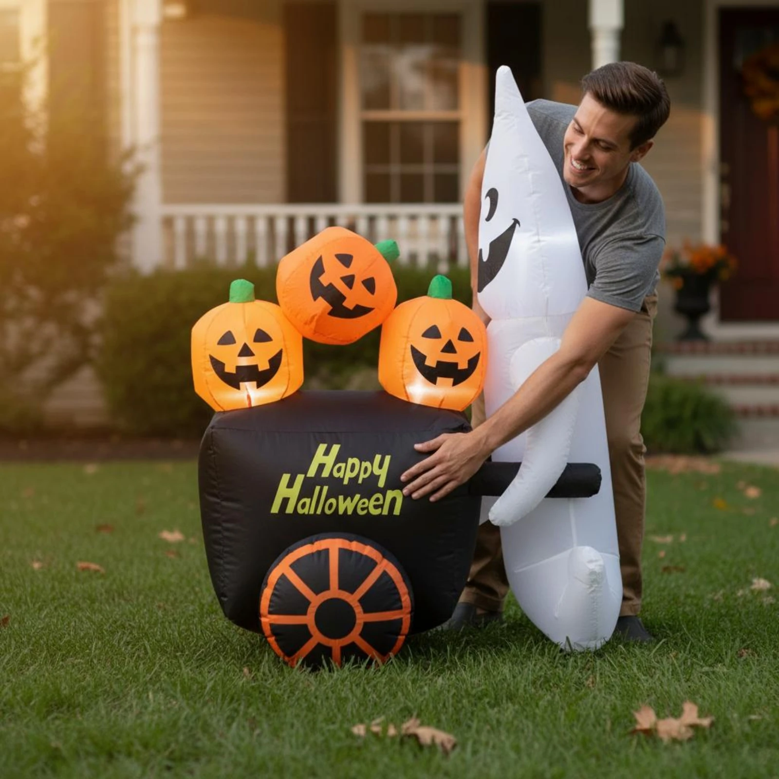 Ghost with Pumpkins Inflatable Lighted Halloween Ghost Inflatable Inflate Yard Decoration Easy Setup Holiday Decor Eye-Catching