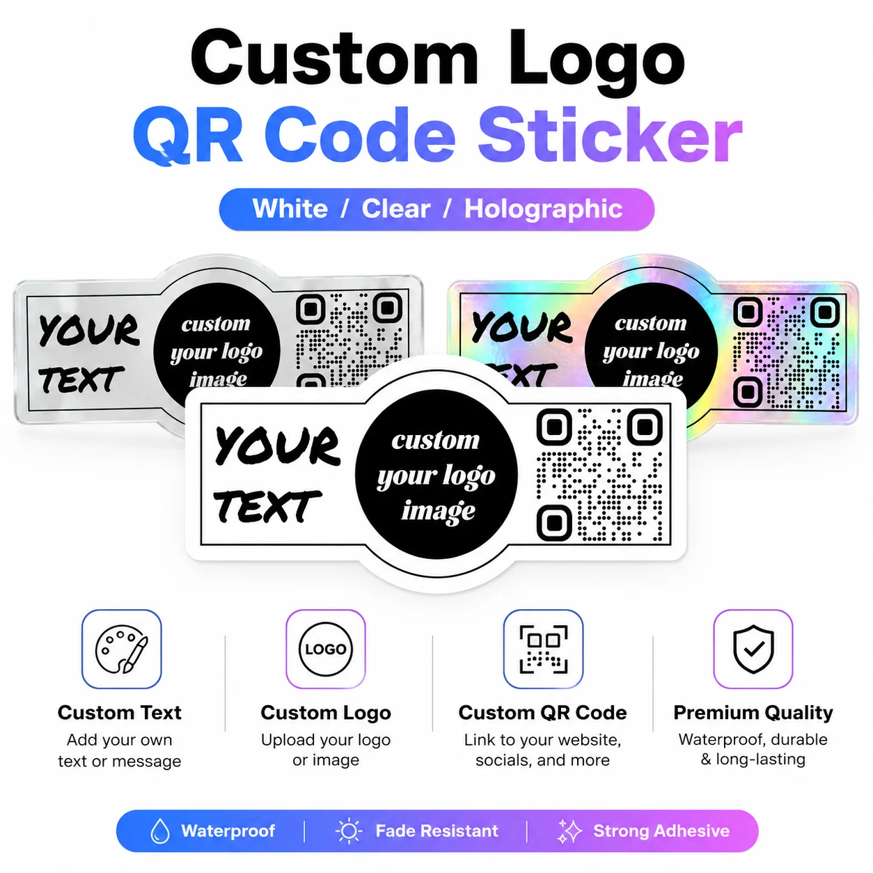 Customized Text Qr Code Logo Packaging Stickers, Customized Holographic, Transparent, White Paper Vertical Qr Code Stickers, Personalized Stickers with Text, Name, Photo, Qr Code Stickers