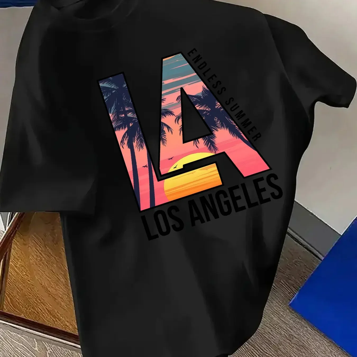 Tropical Beach Sunset Front Print Tee LA Los Angeles Palm Tree Scenery Print Men Breathable Cotton Summer Short Sleeve T-Shirt