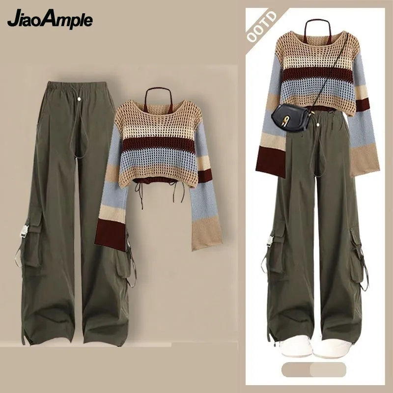 Women 2024 Autumn New Vintage Long Sleeve Knit Hollow Sweater+Vest+Loose Cargo Pants 3-Piece Set Korean Sportswear Matching Set