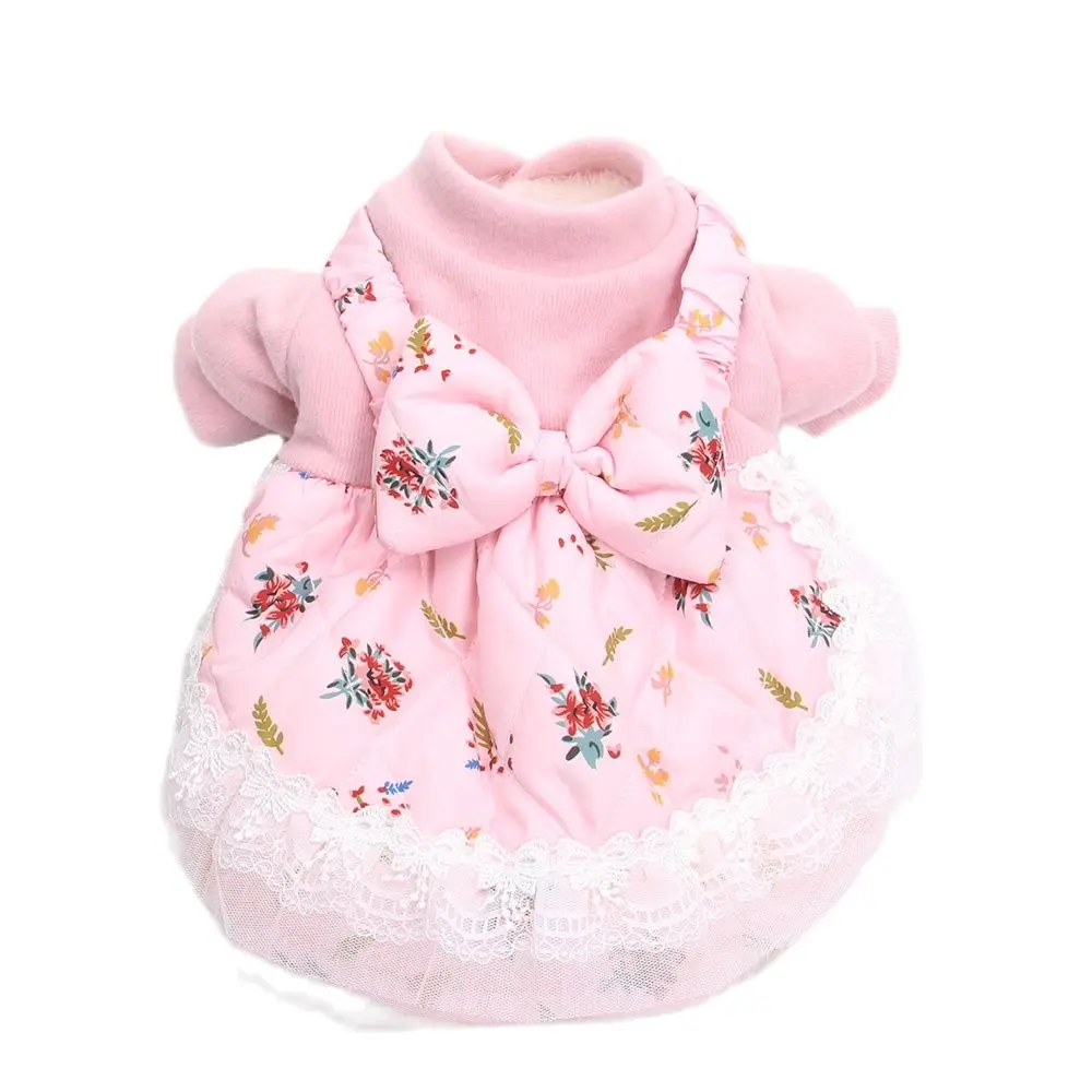 Princess Dog Cat Warm Dress Floral&Bow Design Pet Puppy Winter Coat Outfit for Female Dogs Cats